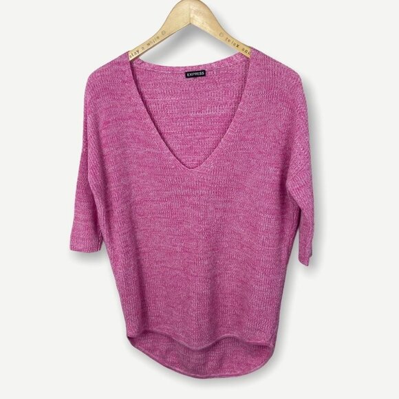 Express Pink V-Neck‎ Knit Sweater 3/4 Sleeves Size Medium Top Short Sleeve Boho - Picture 1 of 8